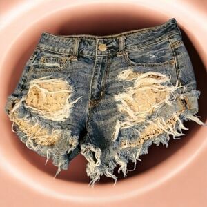 American Eagle Shorts Womens Size 4 Blue Lace Hi-rise Festival Distressed Summer